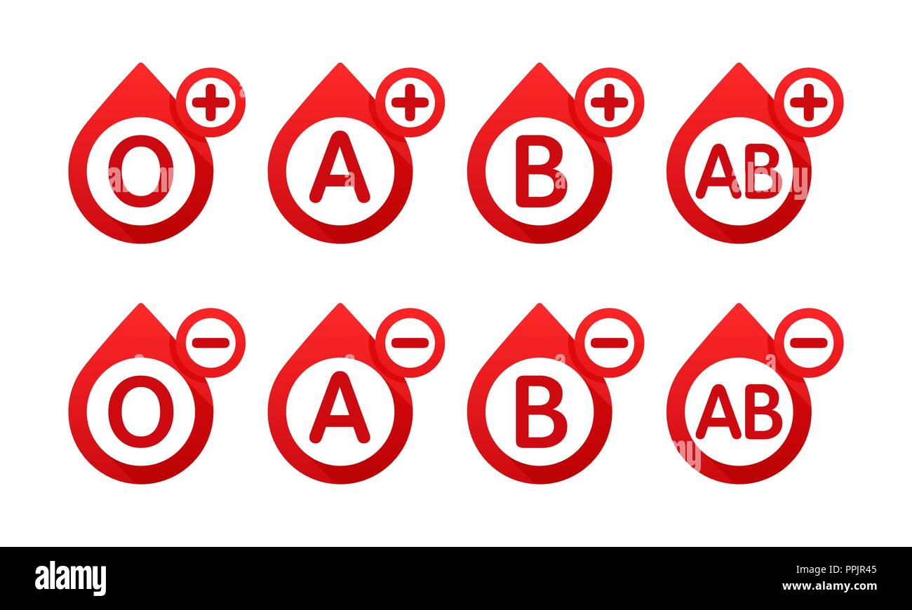 Il tipo di sangue sotto forma di una goccia di sangue le icone vettoriali. Diversi tipi di sangue illustrazione vettoriale. Donazione di sangue Illustrazione Vettoriale
