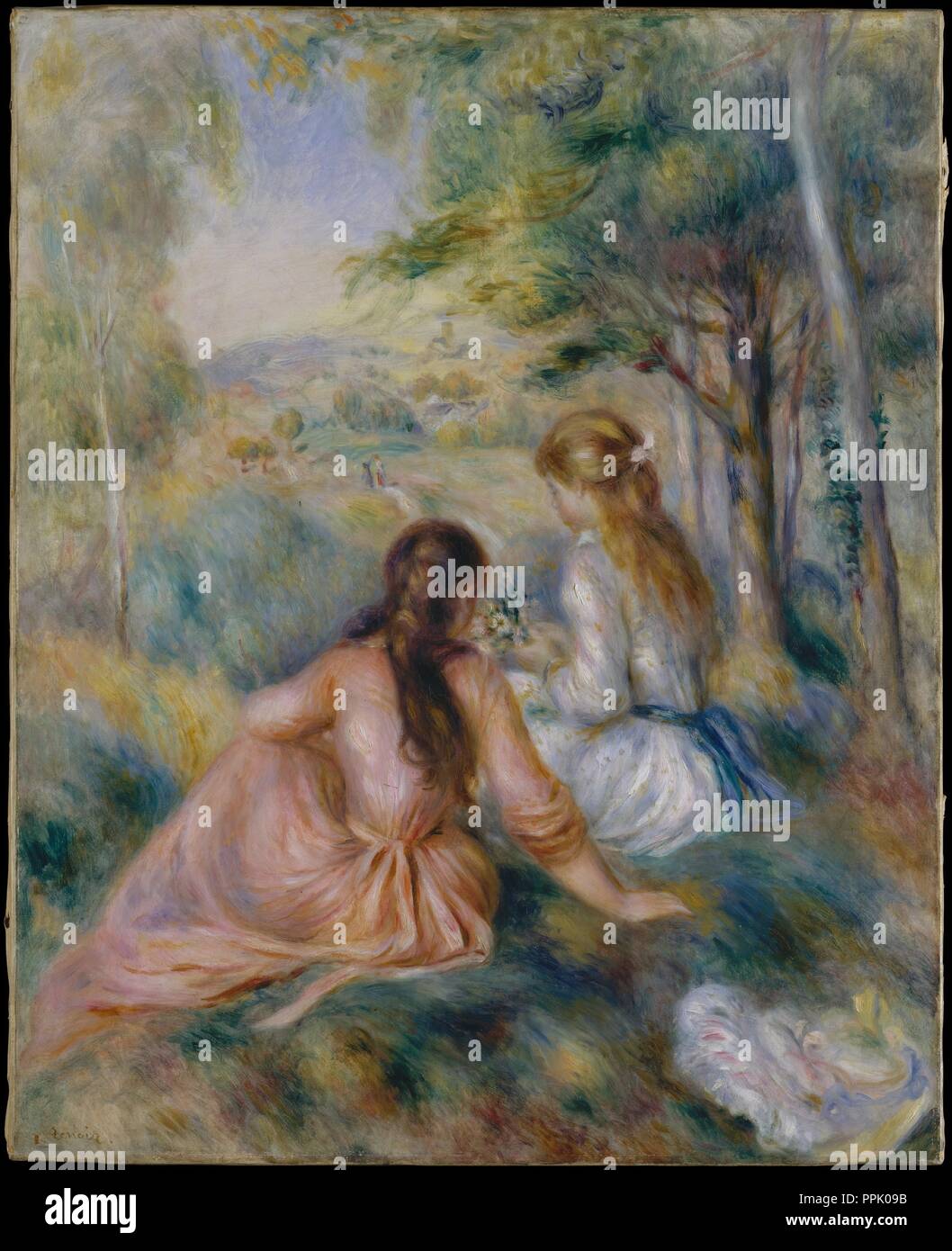 Nel prato. Artista: Auguste Renoir (francese, Limoges 1841-1919 Cagnes-sur-Mer). Dimensioni: 32 x 25 3/4 in. (81,3 x 65,4 cm). Data: 1888-92. Tra il 1888 e il 1892 Renoir dipinte di un certo numero di opere in cui la stessa coppia di ragazze--la bionda che indossa una tonaca bianca e la bruna una rosa--si impegnano in tranquilli passatempi. Qui essi raccogliere fiori; gli stessi modelli appaiono al pianoforte in un dipinto ora al Museo di Lehman Collection (1975.1.201). Questi intima scene di genere, in cui si celebrano giovanile innocenza, trovato un mercato pronto all'inizio del 1890. Museo: Metropolitan Museum of Art di New Yor Foto Stock