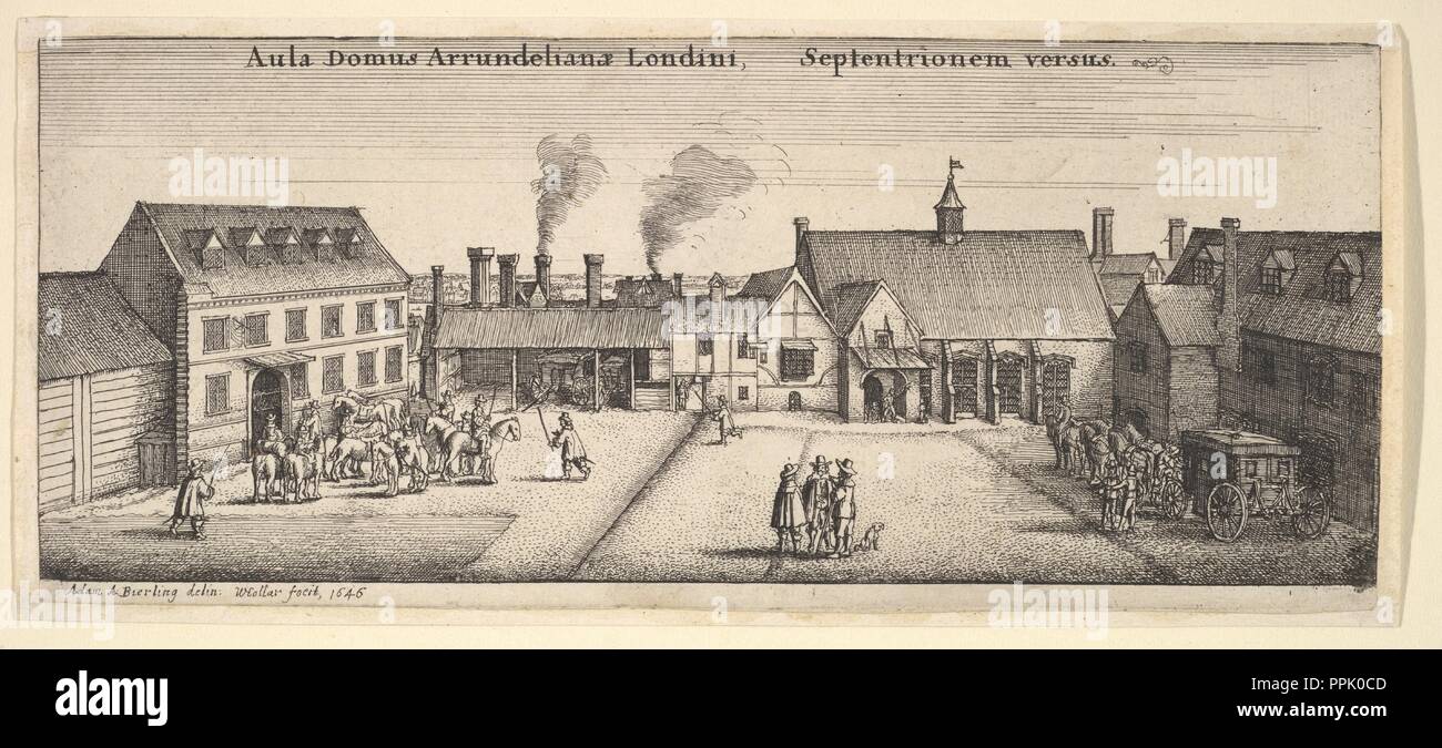 Arundel House da nord. Artista: dopo Adamo Alessio Bierling (Netherlandish, 1625-1675). Dimensioni: foglio: 3 1/8 × 7 7/16 in. (8 × 18,9 cm). Incisore: Wenceslaus Hollar (boemo, Praga 1607-1677 Londra). Serie/Portfolio: Una delle due piastre di opinioni di Arundel House, New Hollstein 862-863.. Data: 1646. Arundel House da nord; vista del cortile di Arundel House nel filamento guardando verso sud; pulmann e sei cavalli in piedi fuori casa con finestre dormer sulla destra, dieci cavalieri sulla sinistra, tre uomini stavano in piedi in primo piano, fumnati ciminiere in background. Museo: Metropolitan Mus Foto Stock