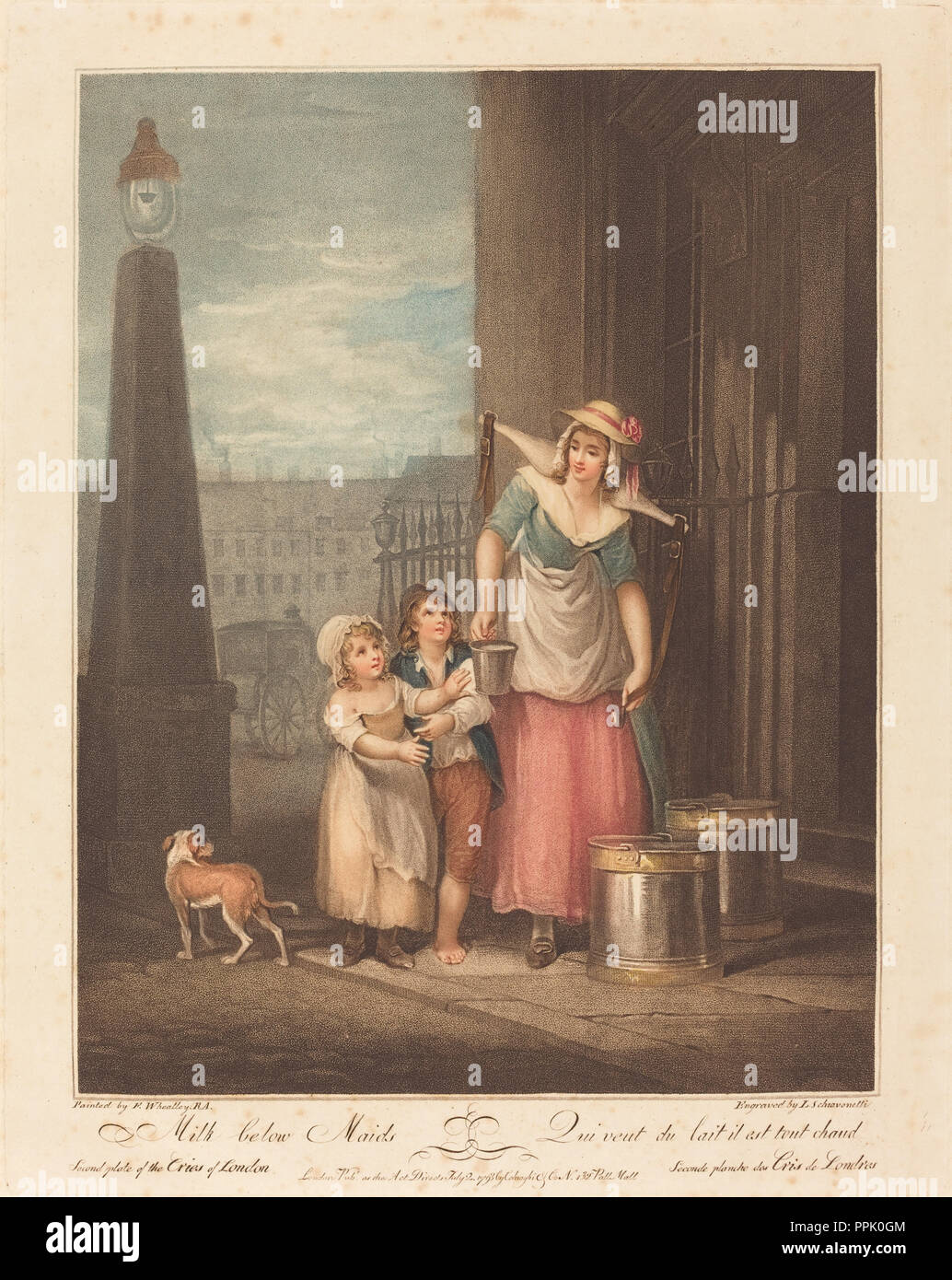 Latte al di sotto del cameriere. Data: 1793. Medium: colore incisione da imbianchino. Museo: National Gallery of Art di Washington DC. Autore: Luigi Schiavonetti dopo Francesco Wheatley. Francis Wheatley. Foto Stock