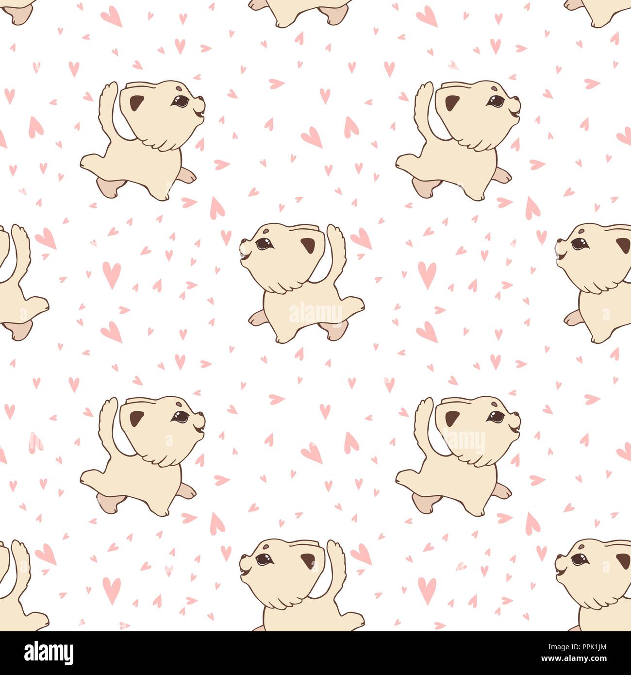 Vector cartoon seamless pattern con simpatici cani e gatti, carino sfondo stampabile per tessili infantile. Illustrazione Vettoriale
