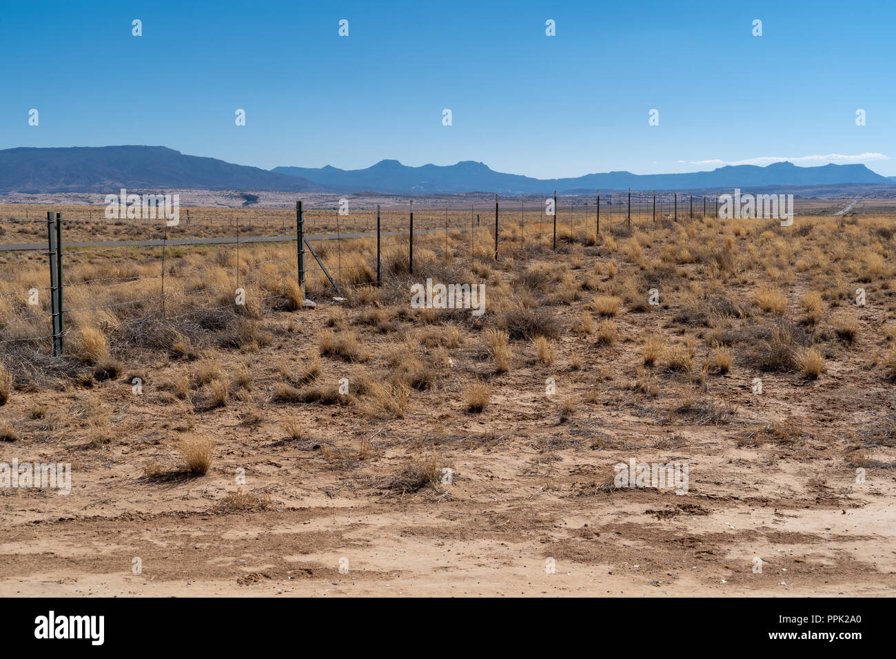 Barb recinto di filo lungo il deserto farmland in Nuovo Messico tiene animali fuori strada. Soleggiata giornata estiva, solitario il paesaggio del deserto Foto Stock