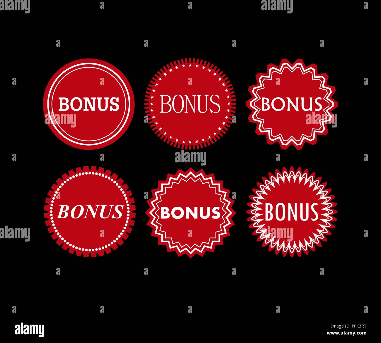 Set di 12 adesivi bonus (etichette, adesivi) di forme diverse di colore rosso Illustrazione Vettoriale