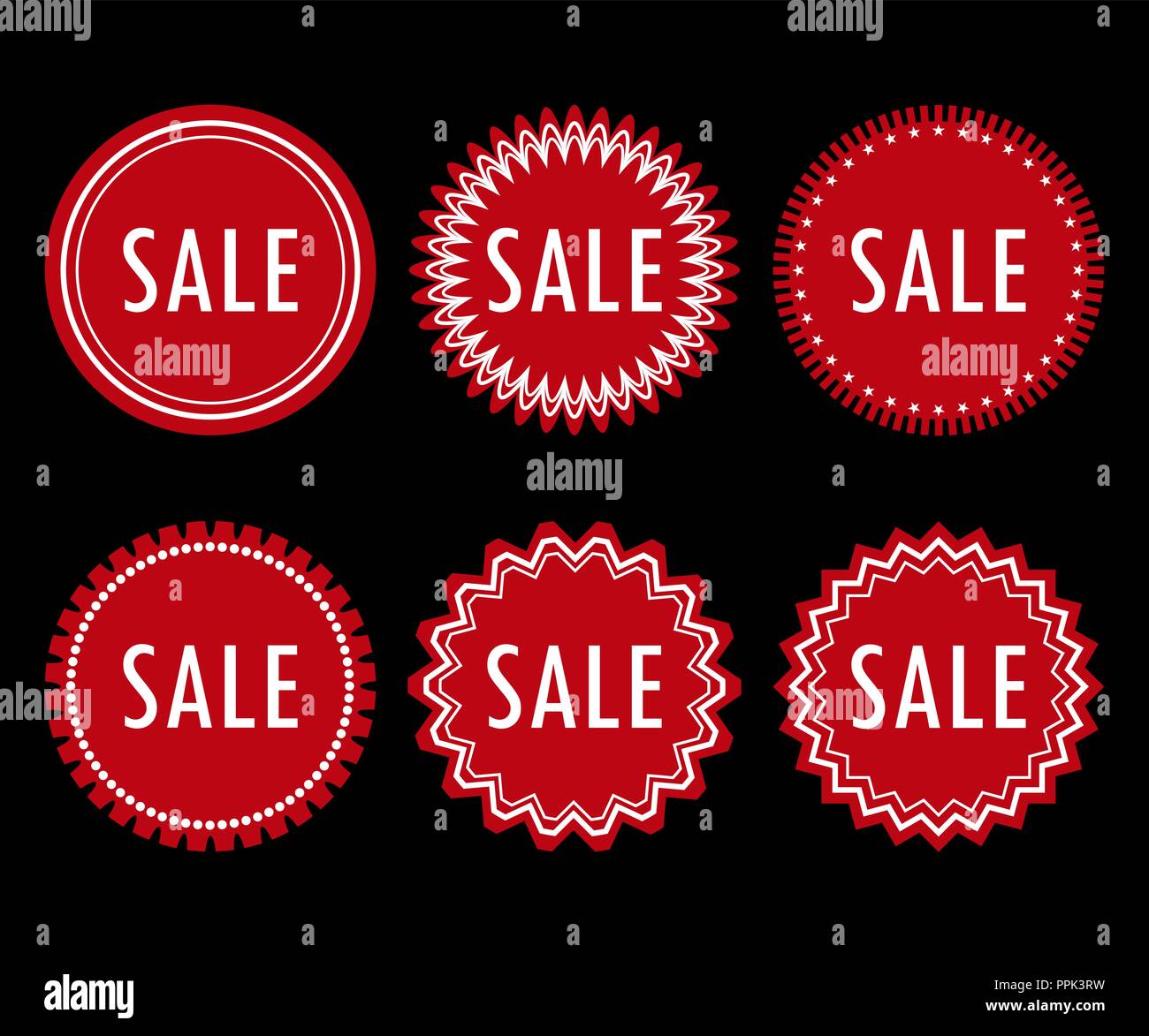 Set di 6 adesivi rossi (etichette, adesivo) di forme differenti con la parola vendita Illustrazione Vettoriale