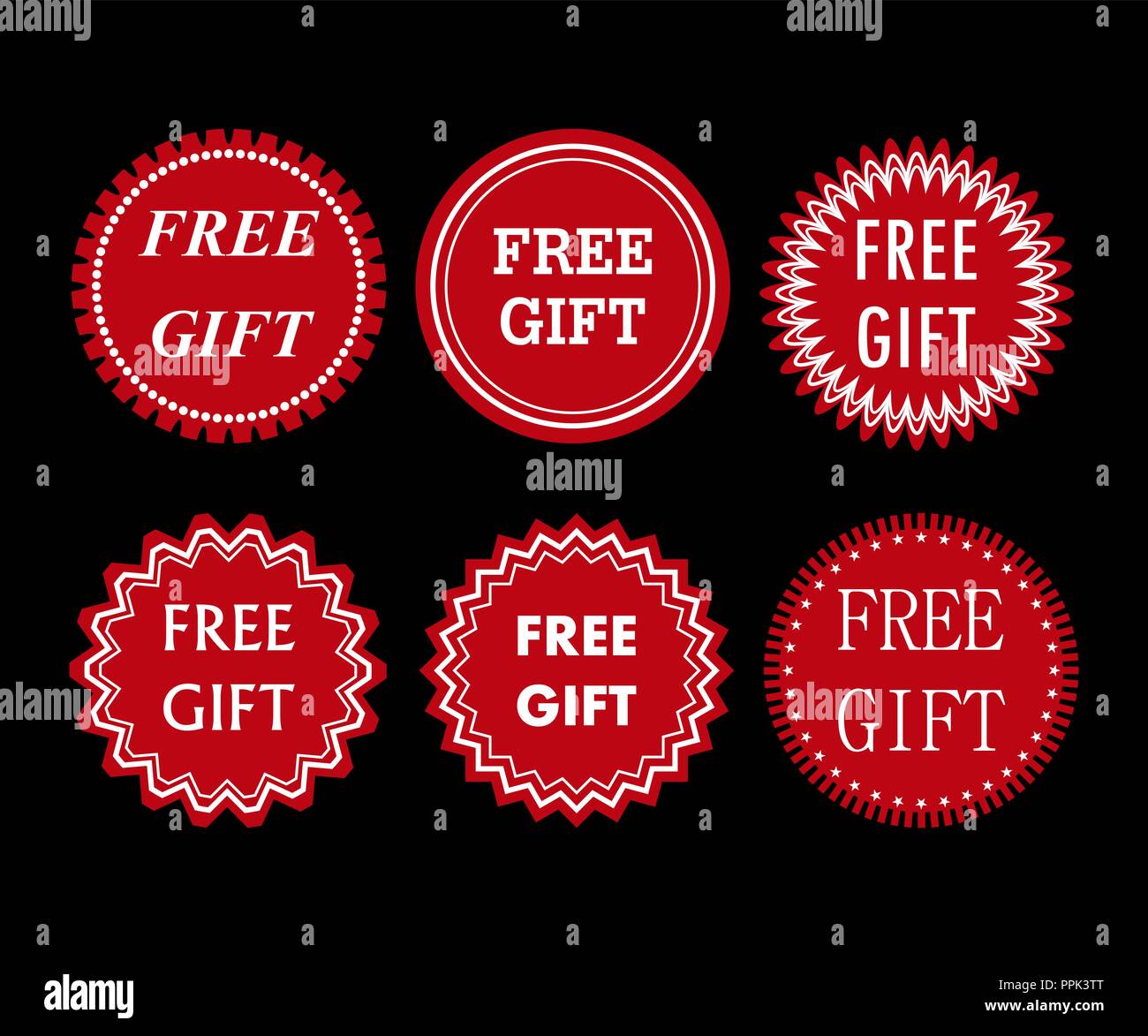Set di 6 adesivi rossi (etichette, adesivo) di forme differenti con la parola dono gratuito Illustrazione Vettoriale