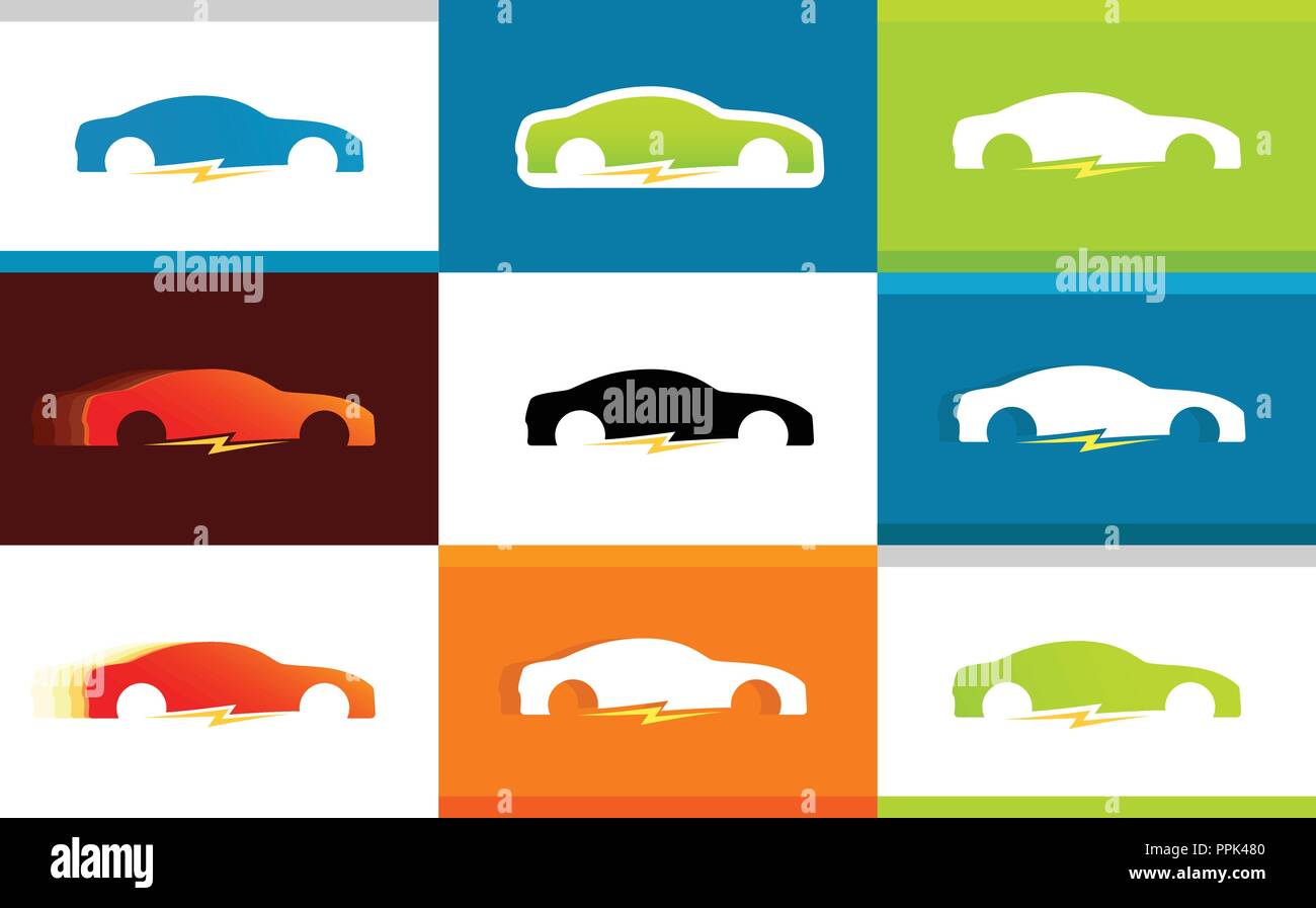 Set di Loghi colorati di Electro automobili su sfondi con diversi stili - illustrazioni vettoriali. Illustrazione Vettoriale