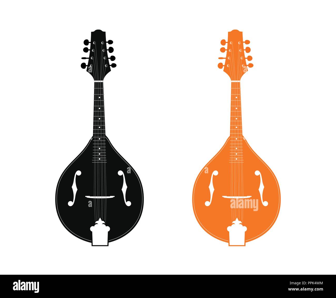 Silhouette di mandolino in bianco e nero e colore arancione isolati su sfondo bianco Illustrazione Vettoriale