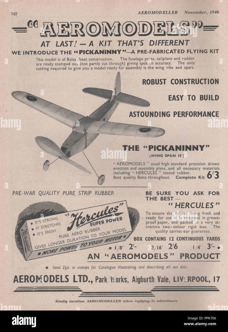 Annuncio vintage per Aeromodels Ltd nella rivista Aeromodeler datata novembre 1946 che mostra un modello di aereo dello stesso periodo Foto Stock