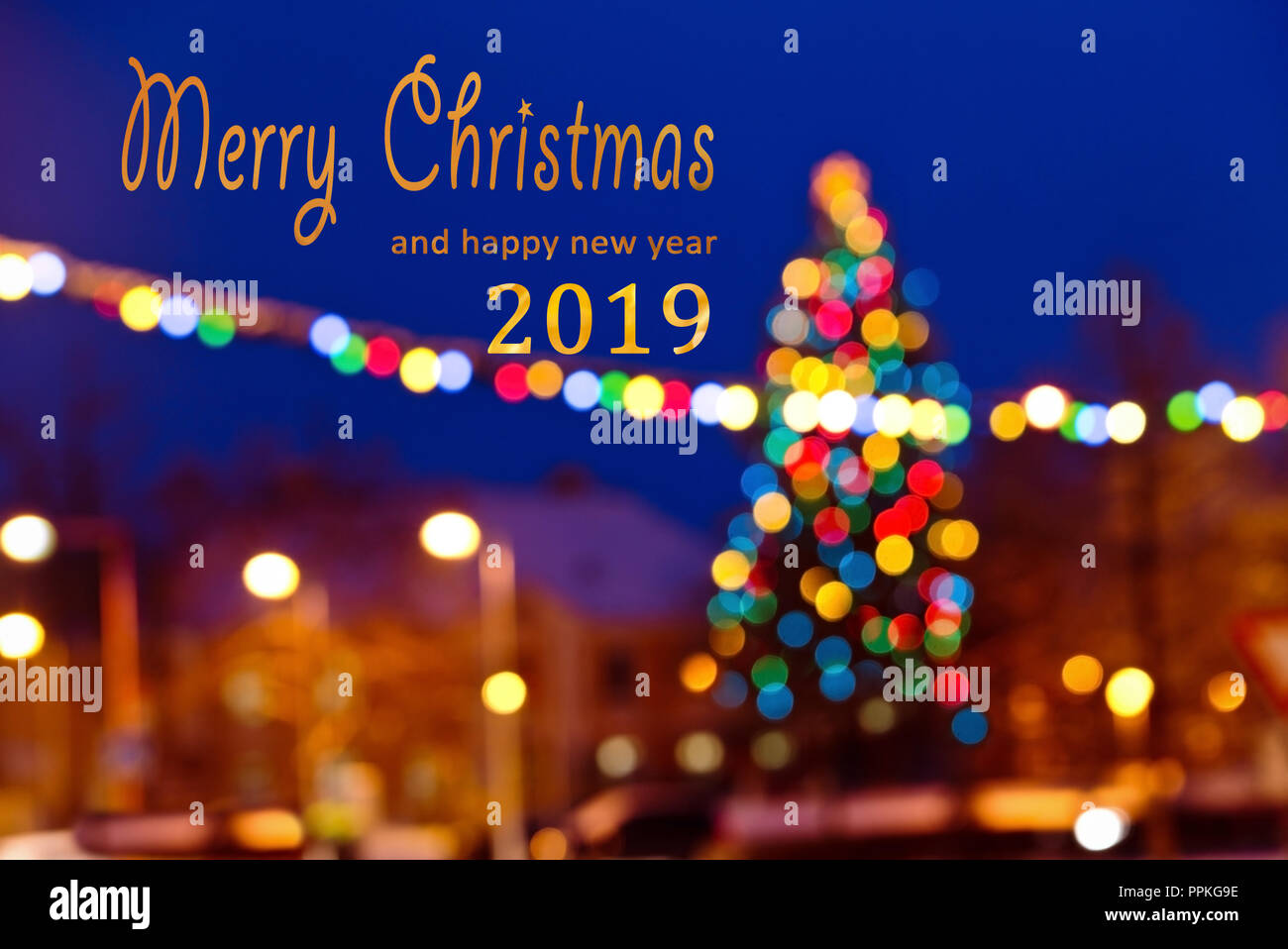 Sfondo di natale con la scrittura di Buon Natale e felice anno nuovo 2019 Foto Stock