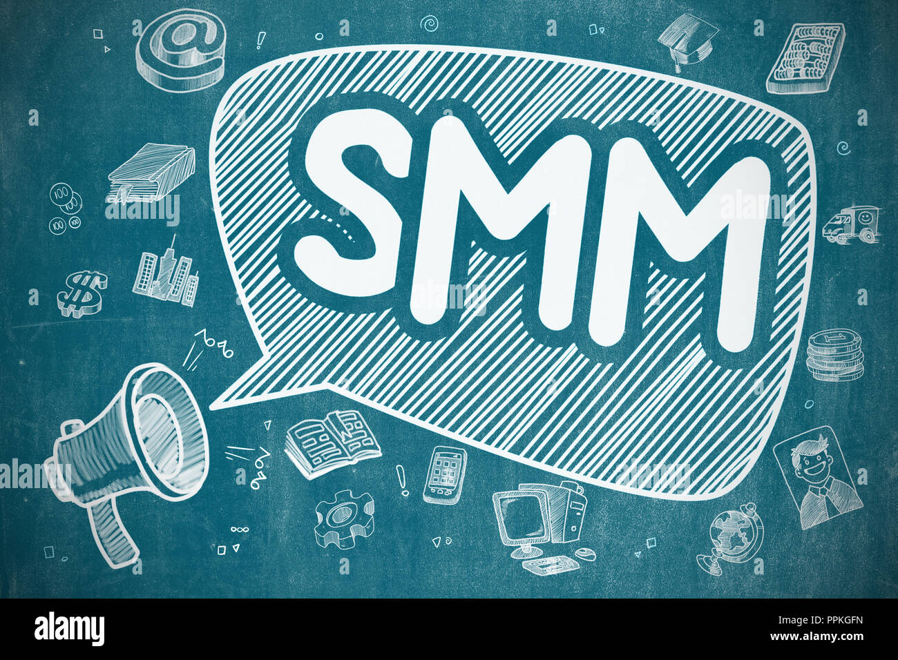 Gridando megafono con iscrizione SMM - Social Media Marketing sul discorso bolla. Disegnata a mano illustrazione. Il concetto di business. Foto Stock