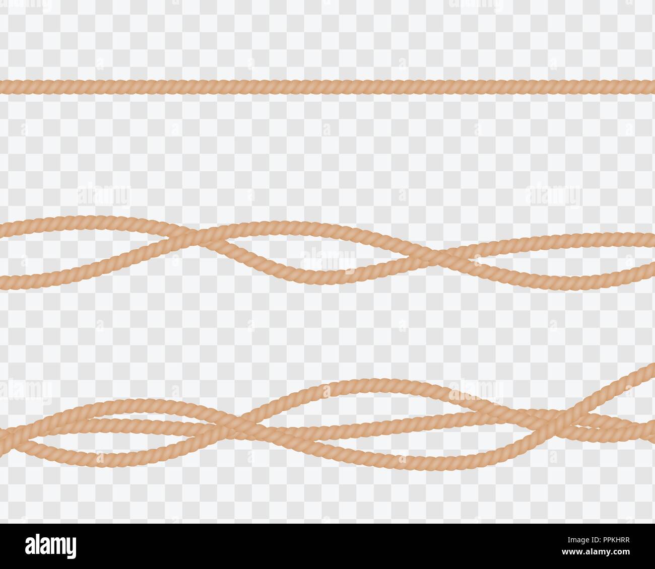 Insieme di funi realistica o stringhe, dritto e ritorto. Naturali linee ritorto con boccole isolate su uno sfondo trasparente. Vettore Illustrazione Vettoriale