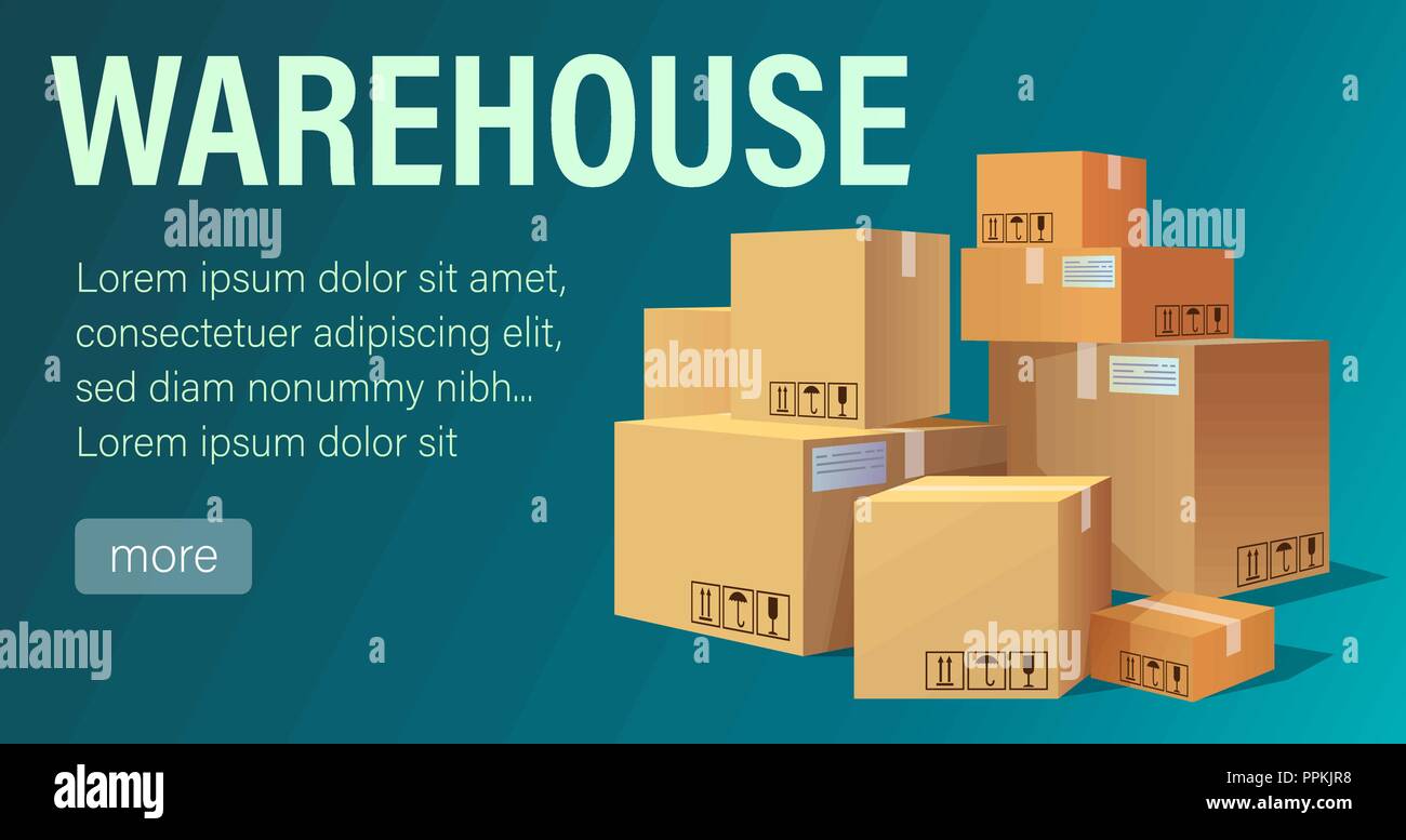 Banner di magazzino con la pila di prodotti sigillati scatole di cartone. Uno stile piatto illustrazione vettoriale Illustrazione Vettoriale