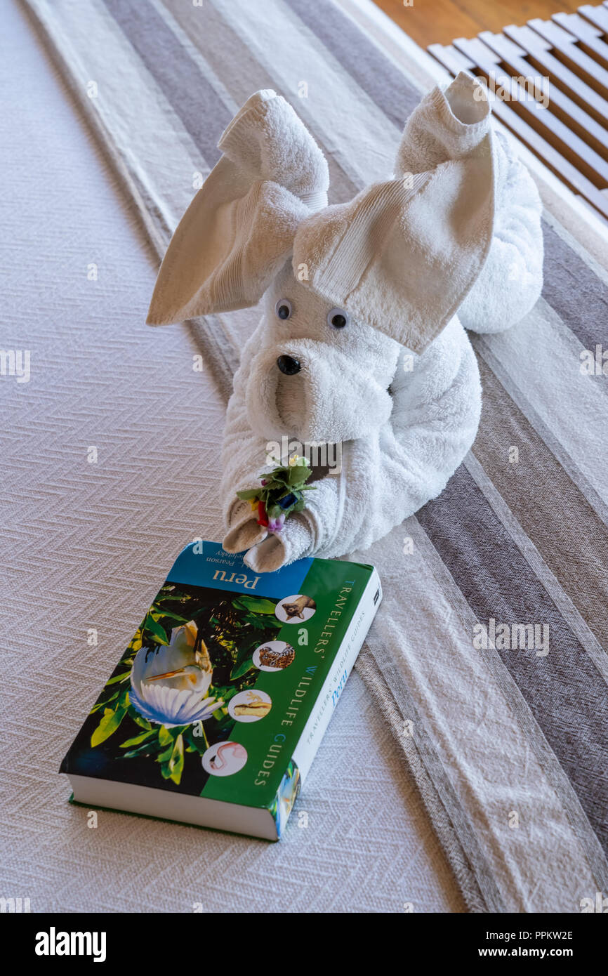 Asciugamano piegato in forma di un cane guardando un Perù guida della fauna selvatica, appoggiato su un letto Foto Stock