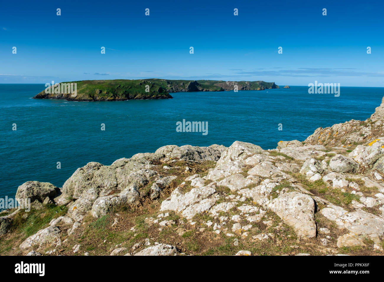 Isola di Skomer visto dal promontorio a Martin's Haven, vicino Marloes, Pembrokeshire, Galles Foto Stock