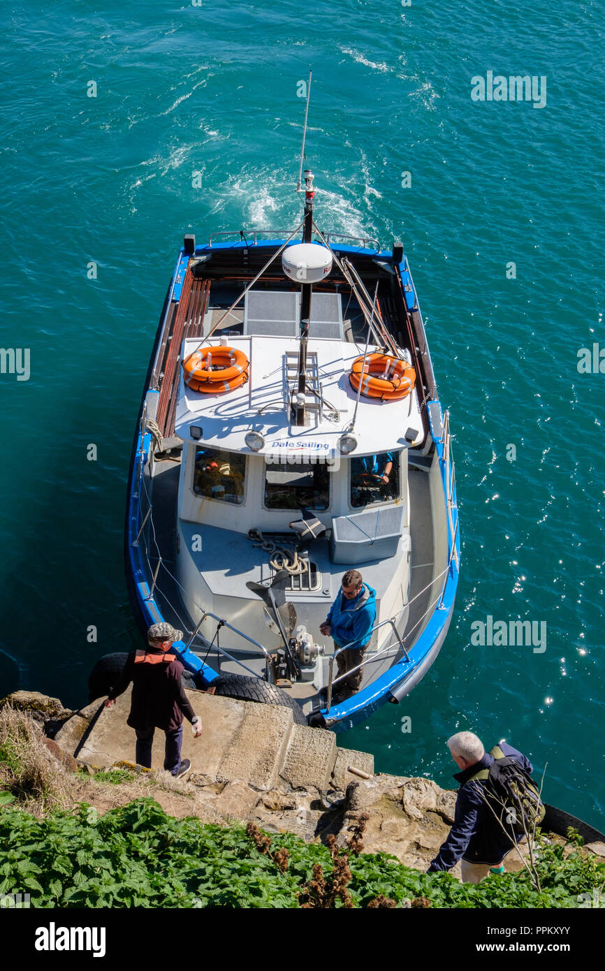 Il Dale Princess in fase di atterraggio su Skomer Island, Pembrokeshire, Galles Foto Stock