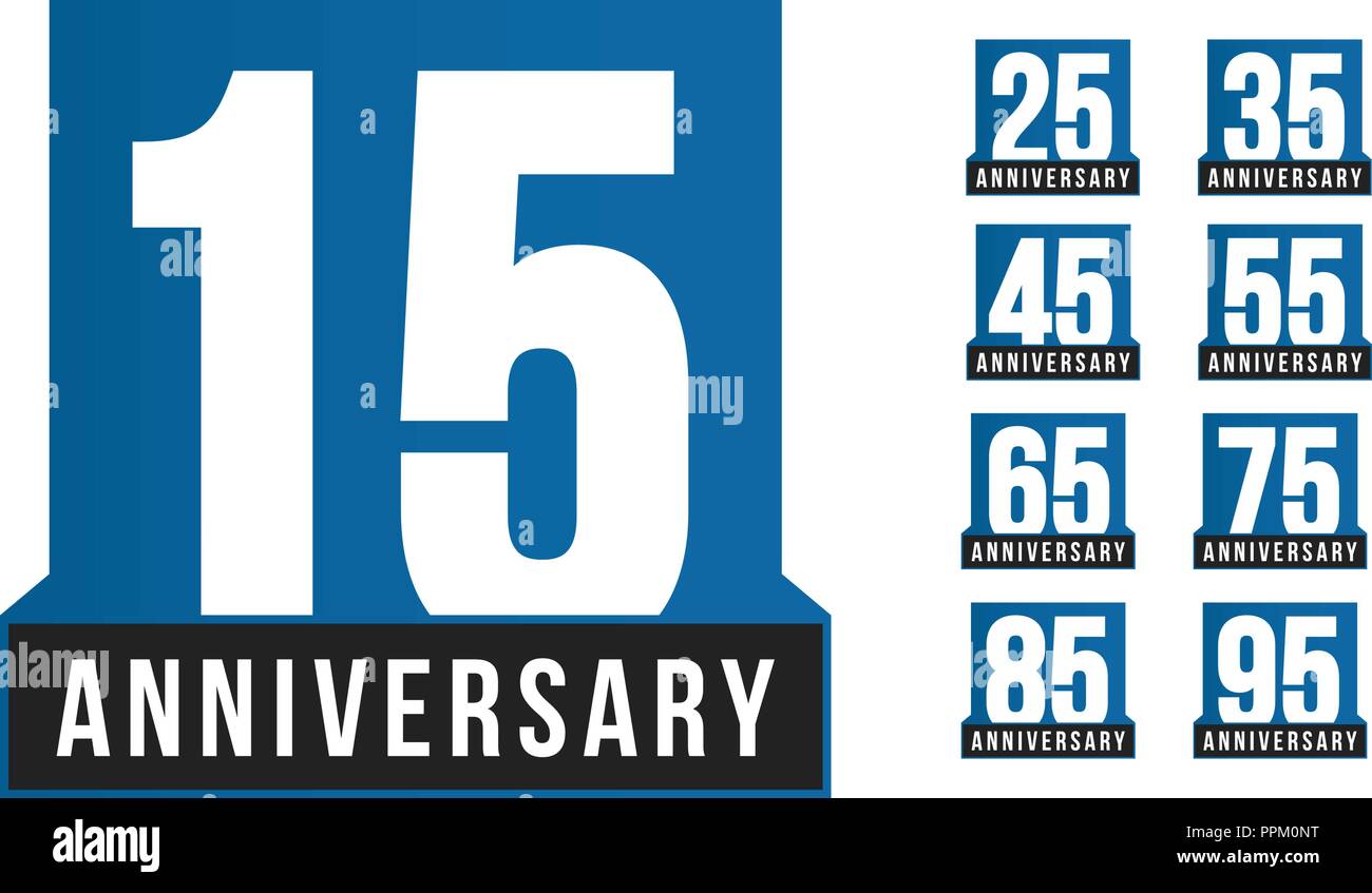 Anniversario vettore set di icone. Logo di compleanno modello. Biglietto di auguri desig elemento. Semplice business decennio emblema. Blu stile rigoroso numero. Isolato illustrazione vettoriale su sfondo bianco. Illustrazione Vettoriale