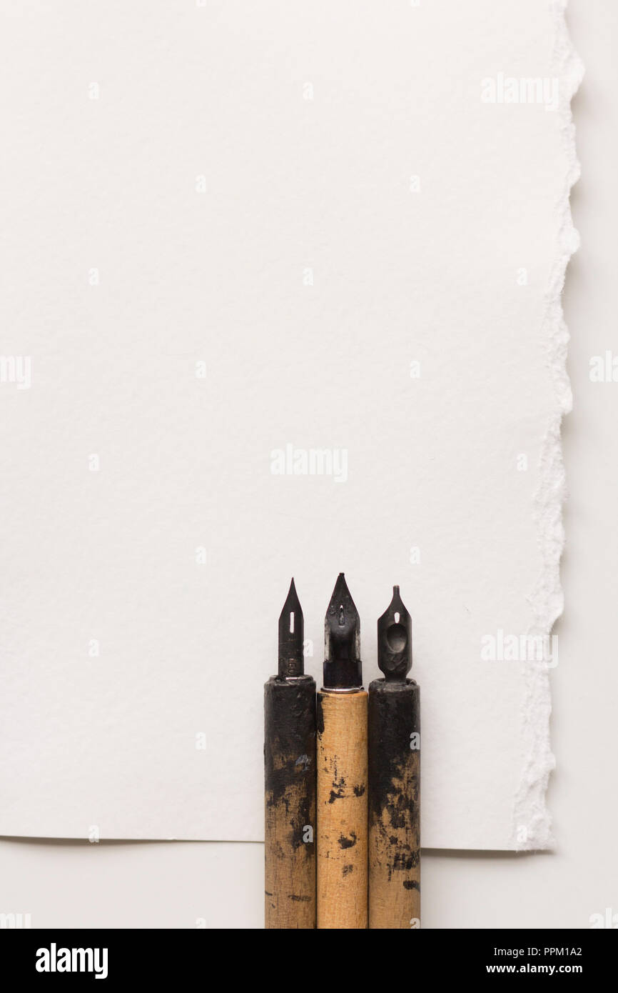 Un vecchio pennino penne, un foglio di testurizzato, acquerello su carta di cotone con posto per testo, invito, Lettera, poesia. Foto Stock