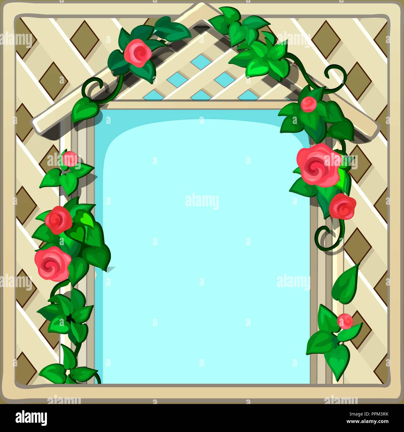 Bella carino biglietto di auguri con il telaio e lo spazio per il tuo testo, immagini o foto, sotto forma di un tessuto a telaio in legno decorate con fiori freschi. Vector cartoon close-up illustrazione. Illustrazione Vettoriale