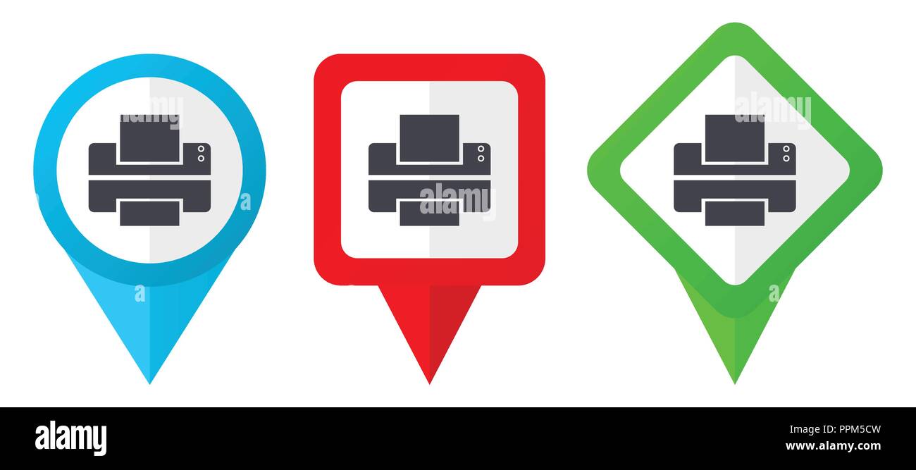 Stampante colore rosso, blu e verde puntatori vettore icone. Set di colorate marcatori di posizione isolata su sfondo bianco facile da modificare. Illustrazione Vettoriale