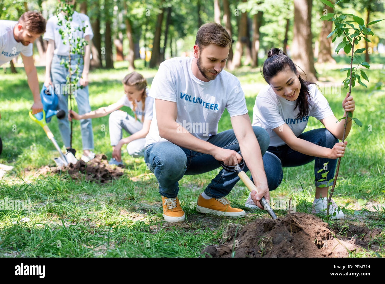 I giovani volontari l'impianto di nuovi alberi in posizione di parcheggio Foto Stock