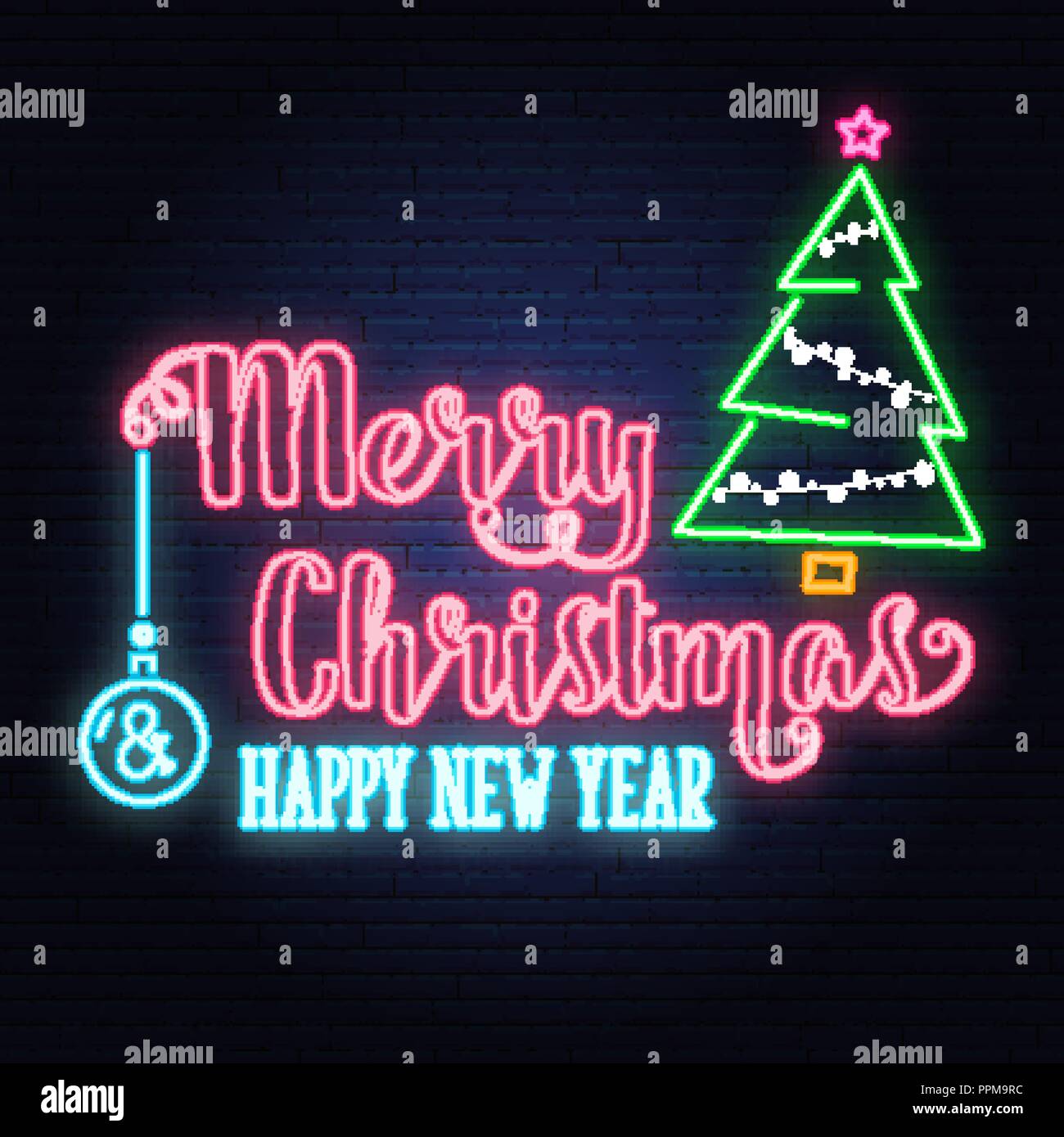 Buon Natale e Felice Anno Nuovo neon sign.con albero di Natale. Illustrazione Vettoriale. Xmas design per esempio schede di saluti, inviti, banner e volantini. Notte pubblicità luminosa. Illustrazione Vettoriale