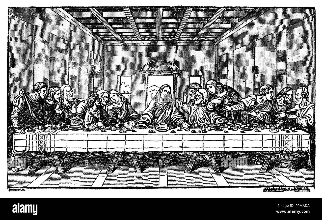 Cena. Dopo la pittura di Leonardo da Vinci, Gesù Cristo e i dodici Apostoli, Leonardo da Vinci Foto Stock