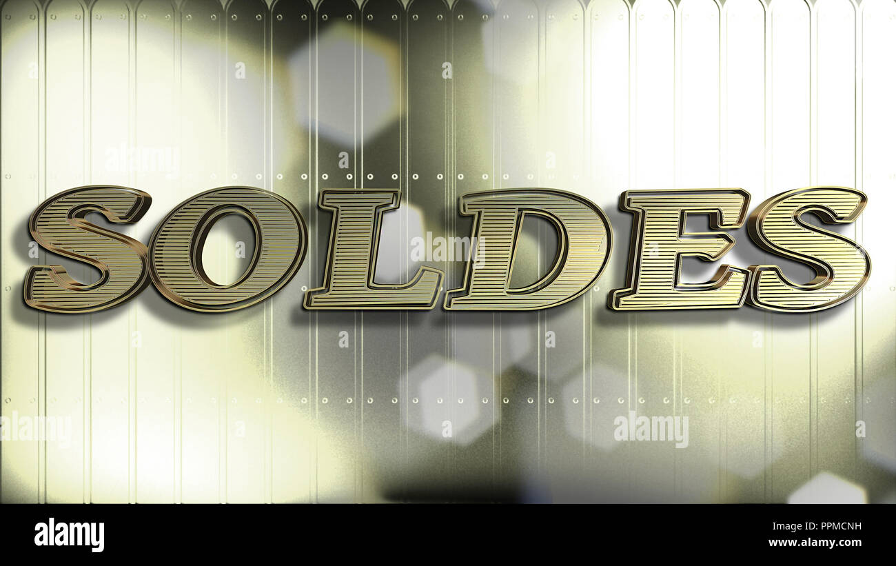 Oro Soldes testo : Vendita parola in francese, 3D Testo e sfondo dorato Foto Stock