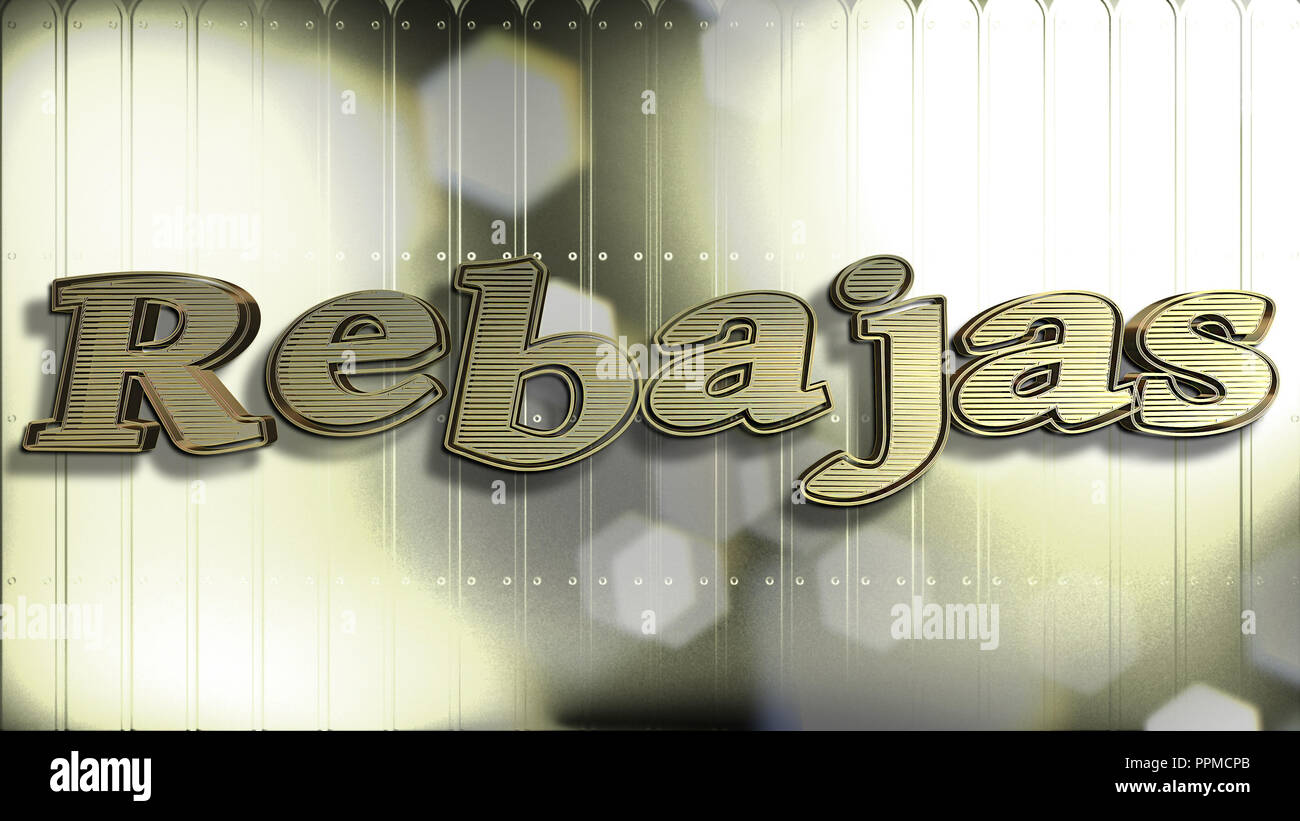 Oro Rebajas testo : Vendita parola in spagnolo, 3D Testo e sfondo dorato Foto Stock