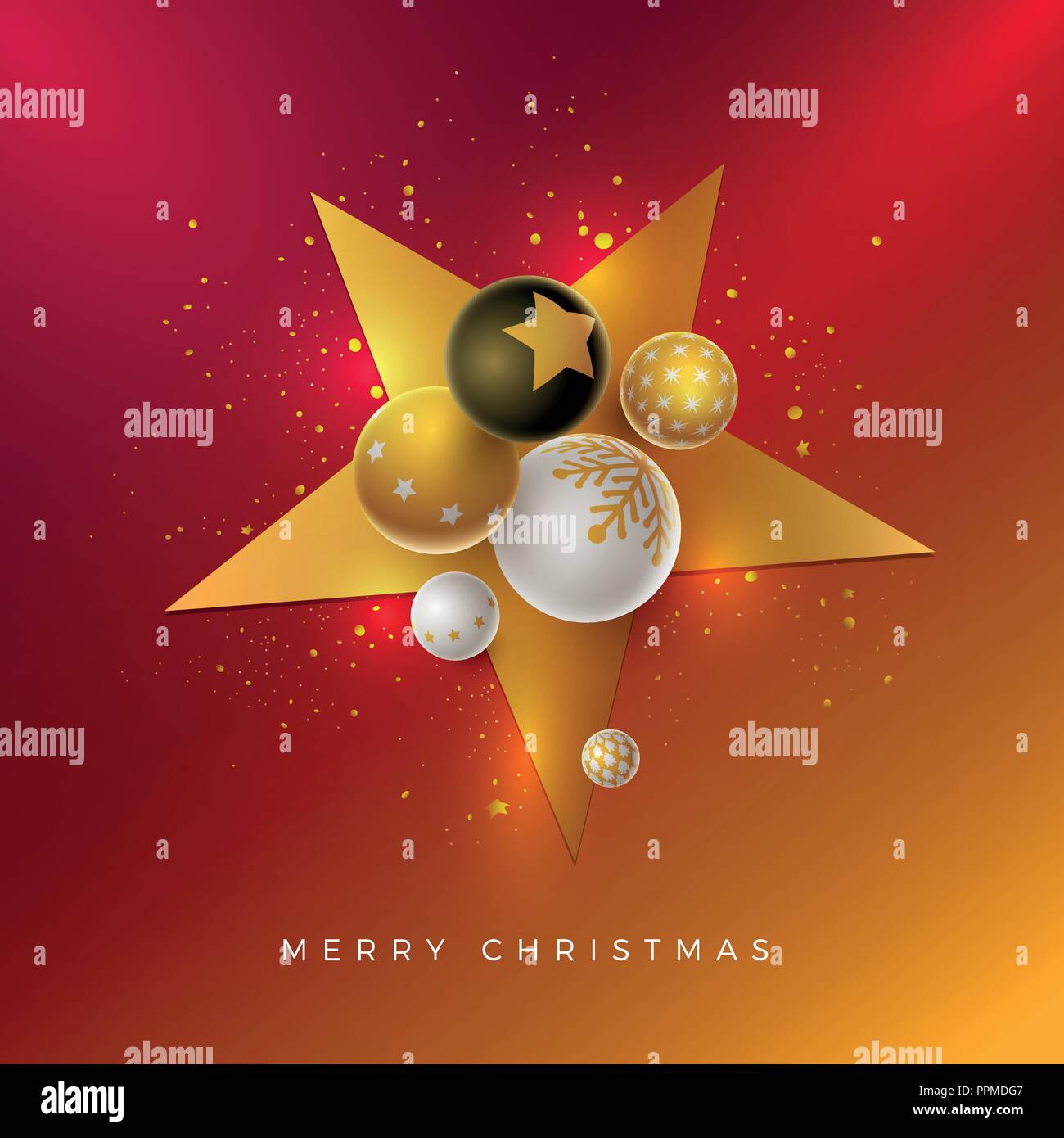 Vettore di Natale e Anno nuovo bigliettino con design 3D bianco, nero e oro palle di Natale . Gli elementi sono stratificati separatamente in file vettoriale. Illustrazione Vettoriale