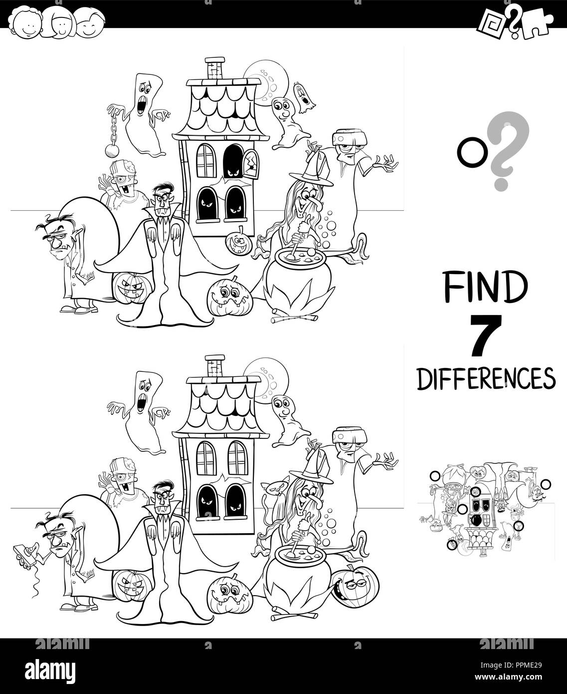 Bianco e Nero Cartoon illustrazione di trovare 7 differenze tra le immagini del gioco educativo per bambini con Spooky Halloween caratteri Colo Illustrazione Vettoriale