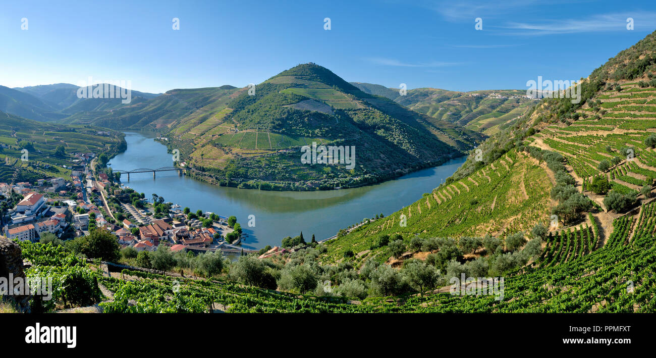 Il Portogallo, l'Alto Douro, Pinhao la città e il fiume Douro. Foto Stock