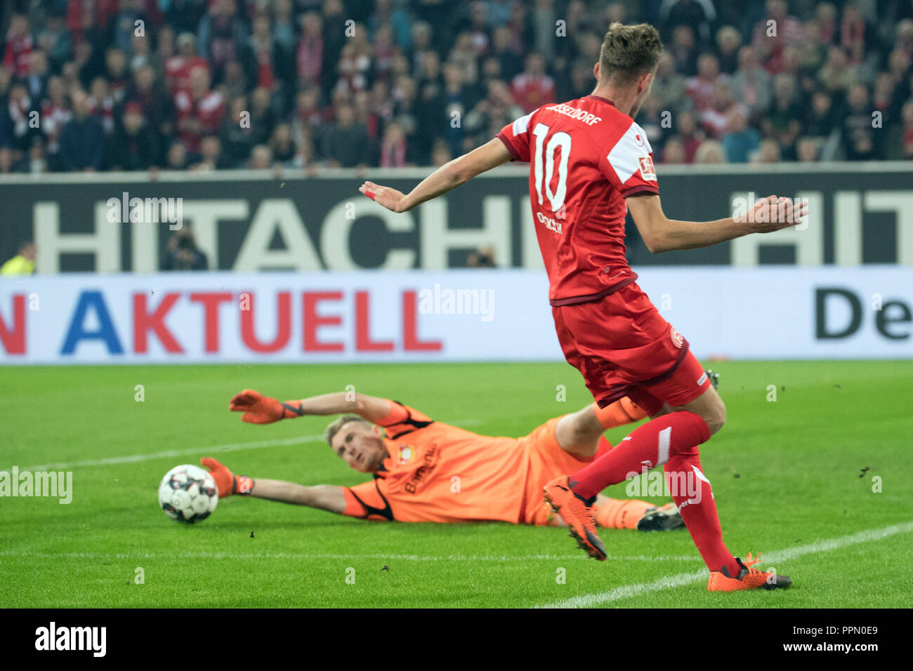 Dpatop - 26 settembre 2018, della Renania settentrionale-Vestfalia, Düsseldorf: Calcio - Bundesliga, Fortuna Düsseldorf - Bayer Leverkusen, quinta giornata in Merkur Arena. Düsseldorf Ducksch Marvin (R) e Leverkusen il portiere Lukas Hradecky lotta per la palla. (EMBARGO CONDIZIONI - ATTENZIONE: La DFB vieta l'utilizzazione e la pubblicazione di immagini sequenziali su internet e altri media online durante il match (comprese a metà tempo). Attenzione: periodo di bloccaggio! La DFB permette l'ulteriore utilizzazione e la pubblicazione delle immagini per i servizi mobili (soprattutto MMS) e per il DVB-H e DMB Foto Stock