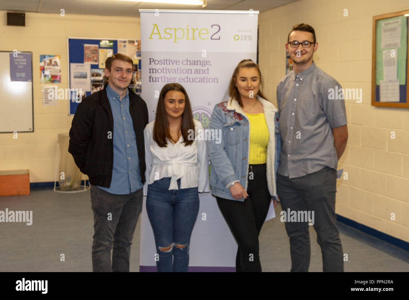 Cork, Irlanda. Il 26 settembre, 2018. Grande successo per il DPS Aspire2 lancio del programma, St Aidans C.C Cork City. Nella foto qui (LtoR) è Sean Boyle, Aoife Mulryan, Niamh lungo e Kyle Mc Mullan. Stasera St Aidans ha lanciato questo anni Aspire2 studente programma di supporto, l'evento ha visto un folto gruppo di genitori e studenti frequentano la scuola è uno dei sei nel paese di essere coinvolti nel programma. Credito: Damian Coleman/Alamy Live News. Foto Stock