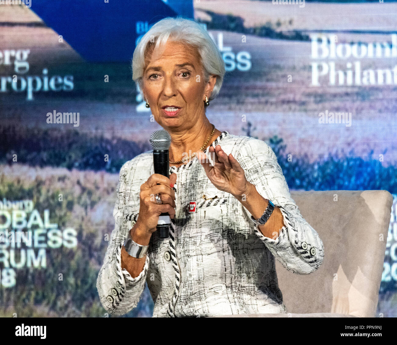 New York, Stati Uniti d'America. 26 Sep, 2018. Il Direttore del Fondo monetario internazionale Christine Lagarde parla di The Bloomberg Global Business Forum a margine della 73a Assemblea generale delle Nazioni Unite a New York City. Credito: Enrique Shore/Alamy Live News Foto Stock