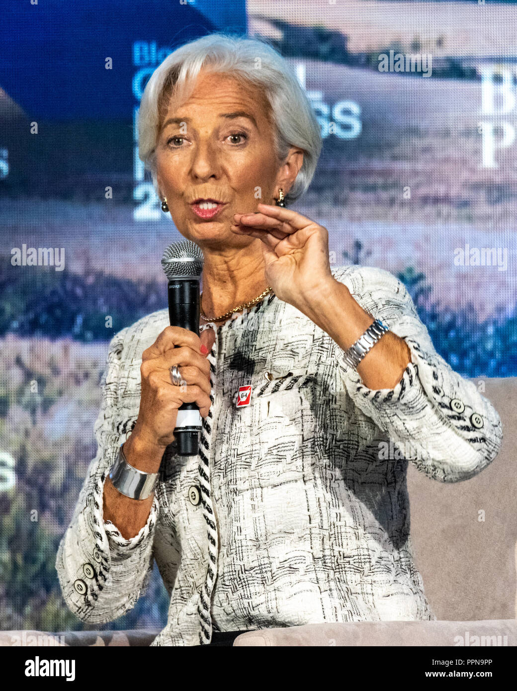 New York, Stati Uniti d'America. 26 Sep, 2018. Il Direttore del Fondo monetario internazionale Christine Lagarde parla di The Bloomberg Global Business Forum a margine della 73a Assemblea generale delle Nazioni Unite a New York City. Credito: Enrique Shore/Alamy Live News Foto Stock