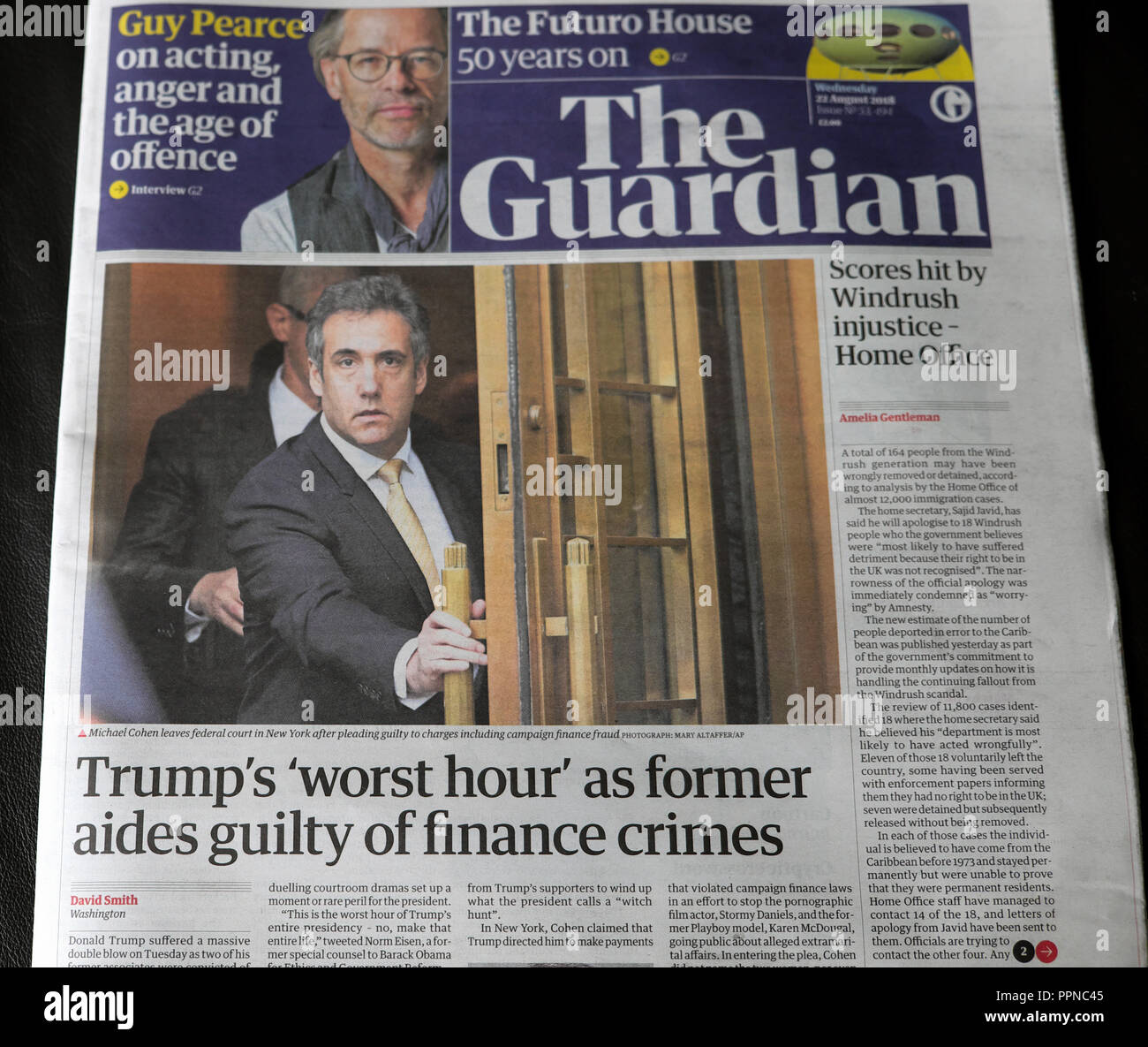 Il quotidiano The Guardian headline Michael Cohen 'Trump i peggiori ora' come ex aiutanti colpevole di crimini delle finanze' 23 agosto 2018 LONDON REGNO UNITO Foto Stock