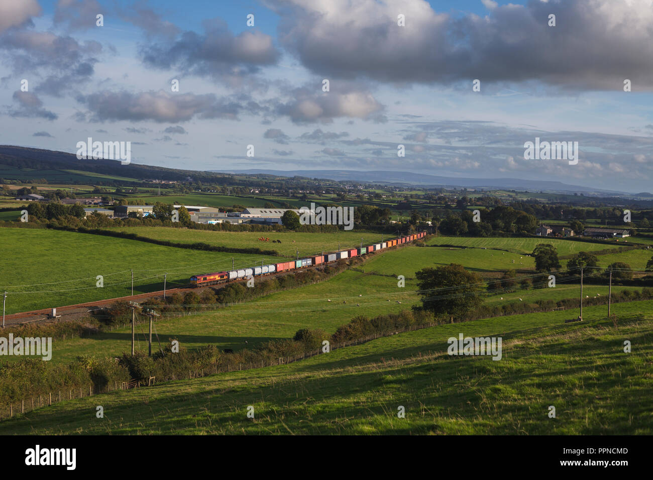 Un DB Cargo Classe 66locomotiva diesel sulla linea principale della costa occidentale in Cumbria con un Seaforth Liverpool - Mossend contenitore intermodale treno Foto Stock