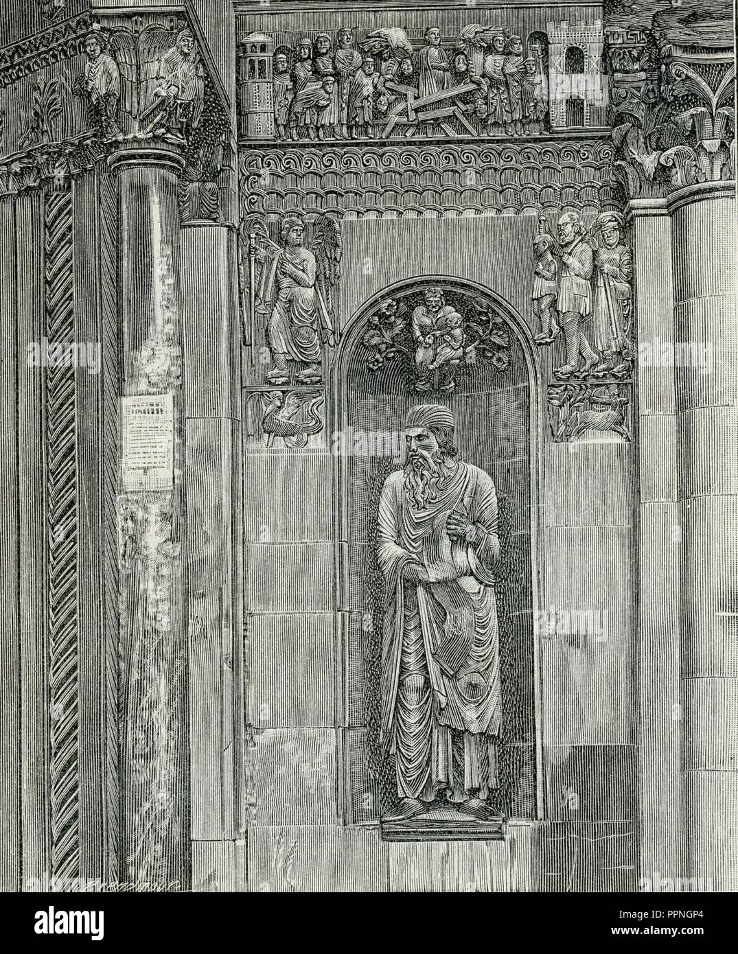 Borgo San Donnino Cattedrale una parte delle sculture che ornano la facciata. Foto Stock