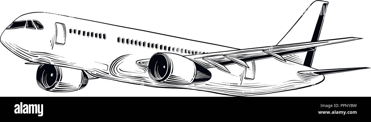 Mano bozzetto di aeromobile in isolato nero su sfondo bianco. Dettagliato in stile vintage disegno. Illustrazione per poster e stampa Illustrazione Vettoriale