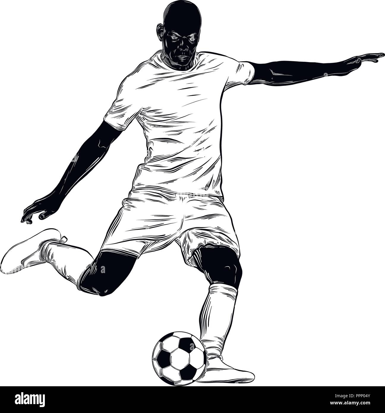 Mano bozzetto del calciatore in isolato nero su sfondo bianco. Dettagliato in stile vintage disegno. Illustrazione per poster e stampa Illustrazione Vettoriale