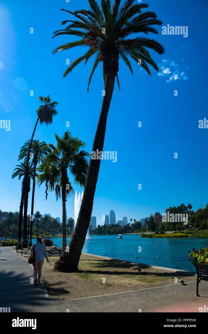 Fontana a Echo Park Lake con il Los Angeles skyline in background, Echo Park, Los Angeles, California Foto Stock