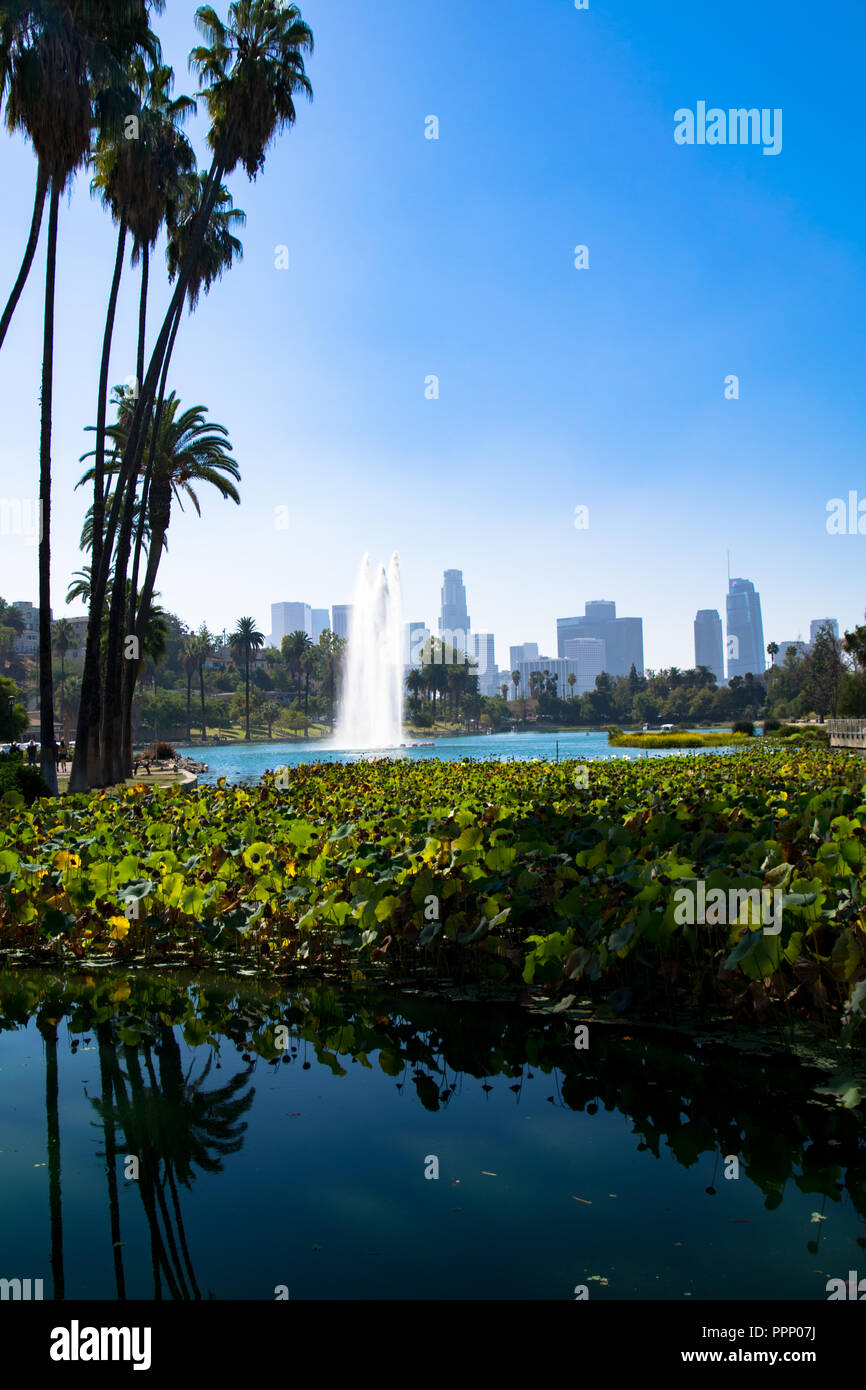 Fontana a Echo Park Lake con il Los Angeles skyline in background, Echo Park, Los Angeles, California Foto Stock