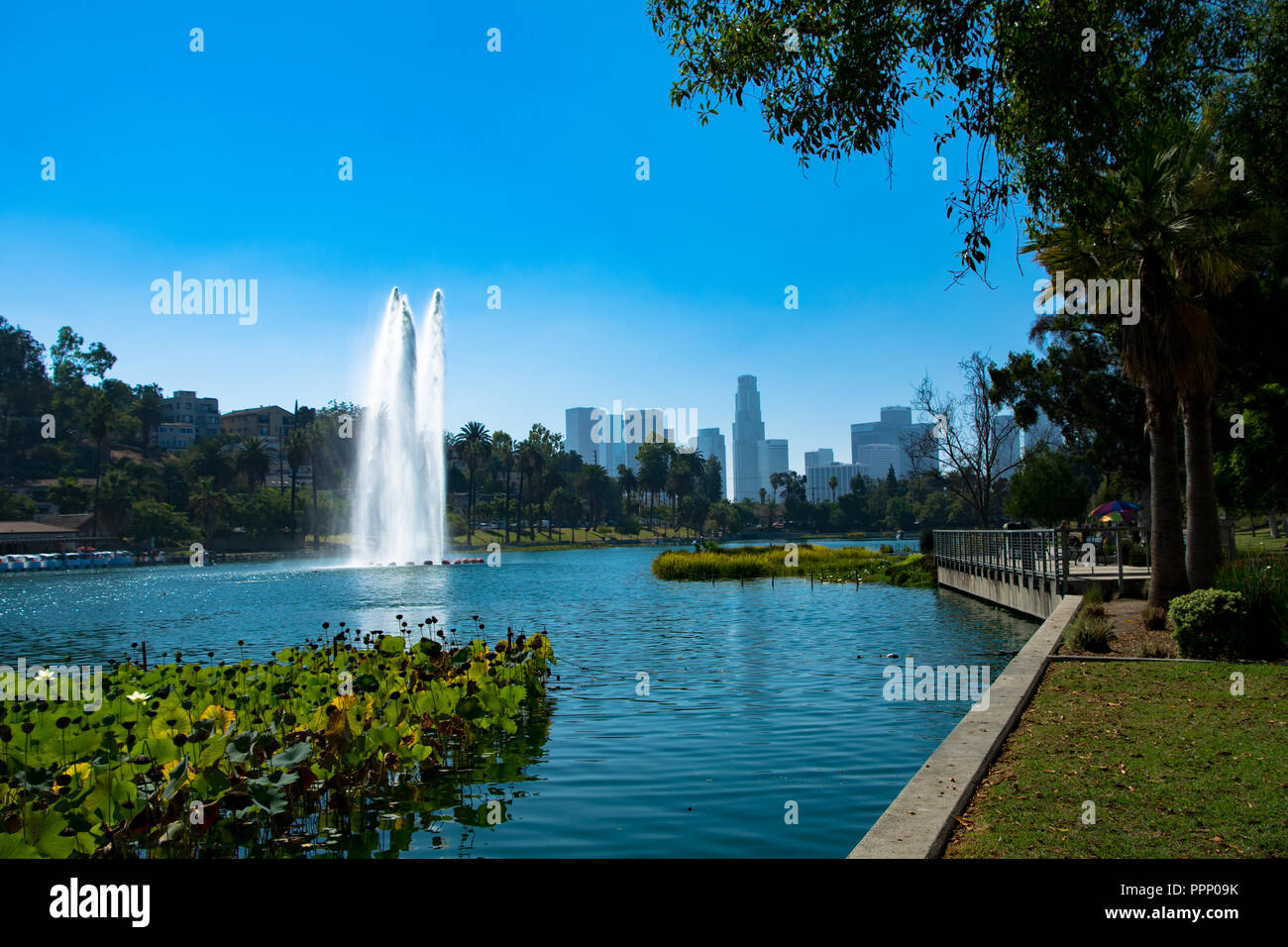 Fontana a Echo Park Lake con il Los Angeles skyline in background, Echo Park, Los Angeles, California Foto Stock