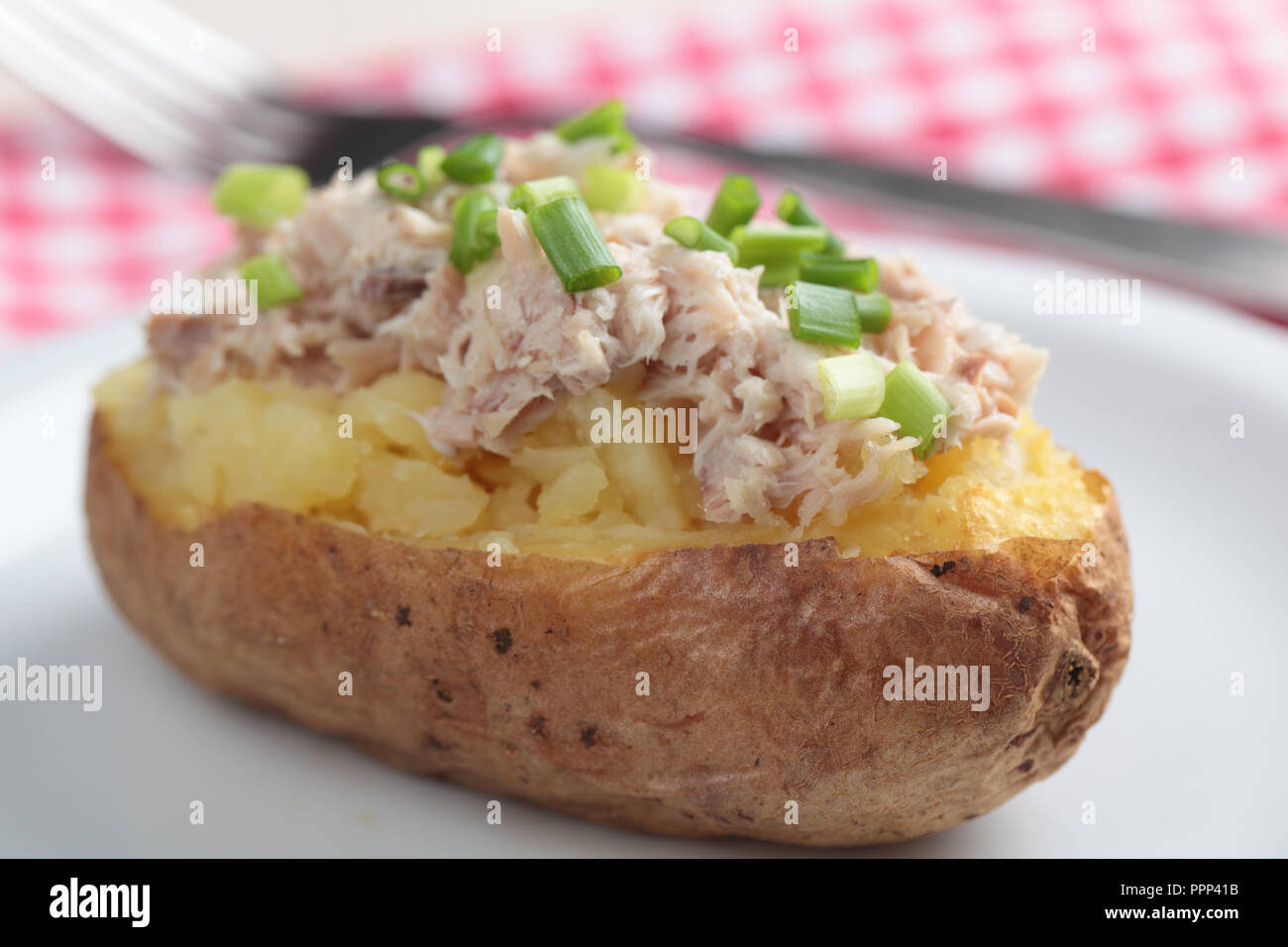 Patate al forno con insalata di tonno e cipolla verde sulla piastra bianca Foto Stock