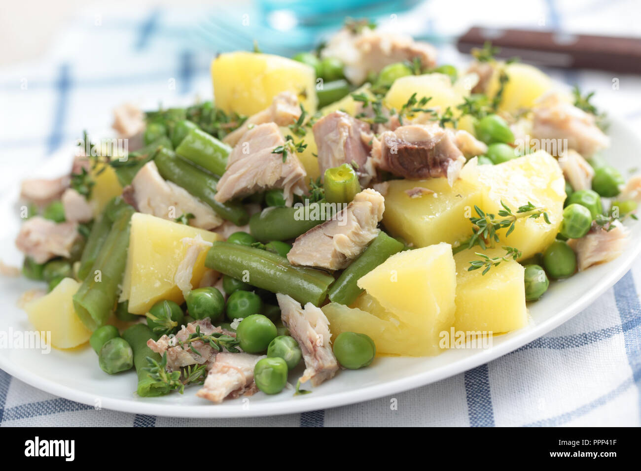 Con insalata di tonno, patate bollite, cotte al vapore fagiolini, piselli e timo Foto Stock