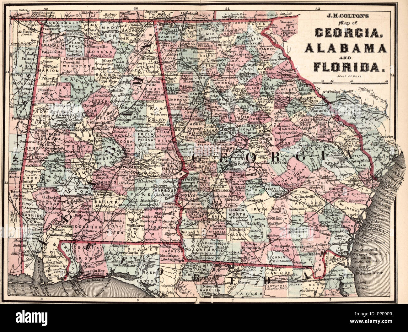 J H Colton la mappa di Georgia, Alabama e Florida, circa 1863 Foto Stock