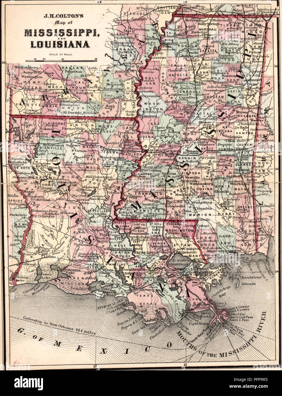 J H Colton carta del Mississippi e della Louisiana, circa 1863 Foto Stock
