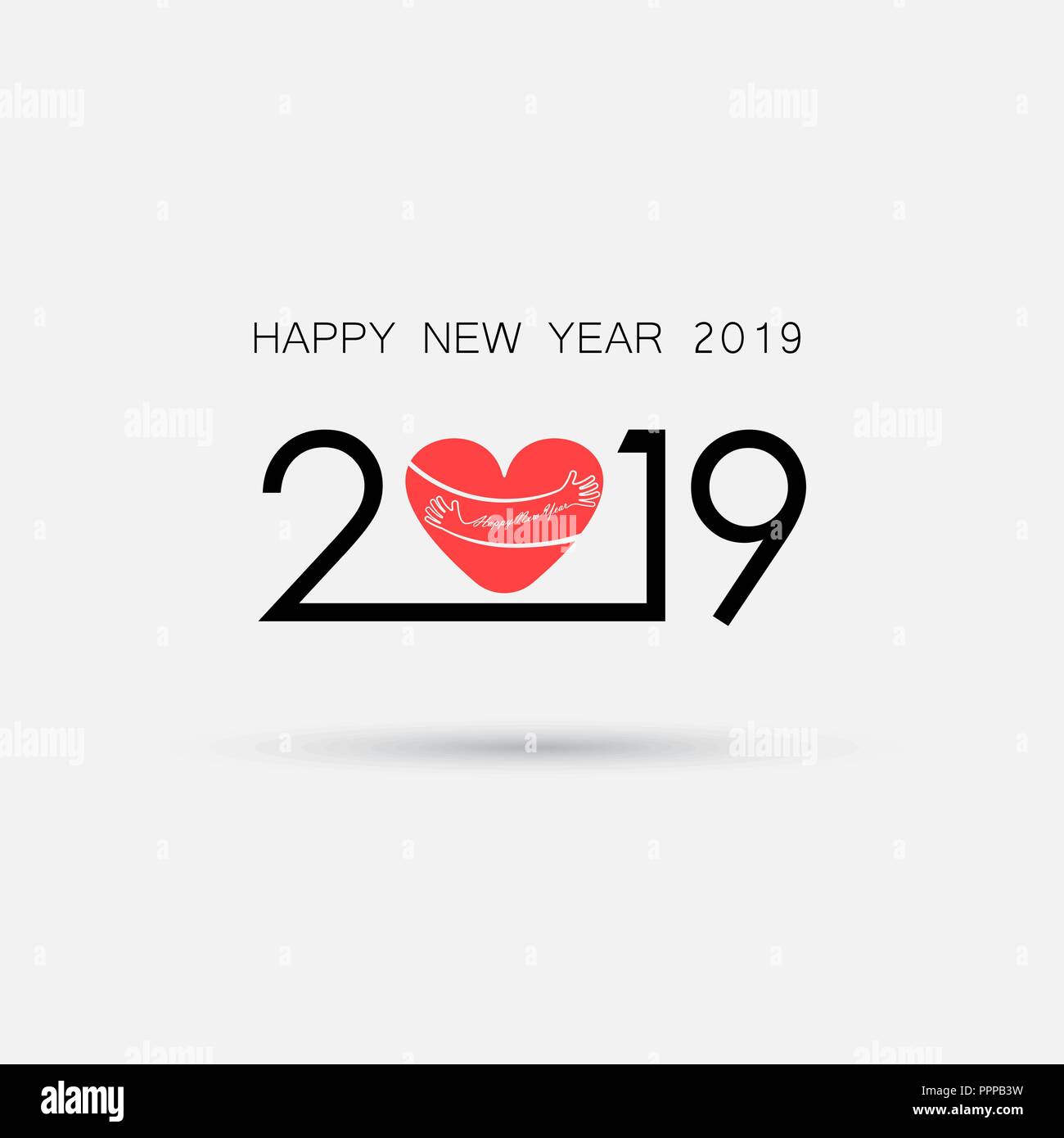 2,0,1 e 9 e segno a mano con sfondo vacanze concetto.cuore rosso segno e Felice Anno Nuovo 2019 tipografici ed elementi di design.Felice anno nuovo 2019 hol Illustrazione Vettoriale