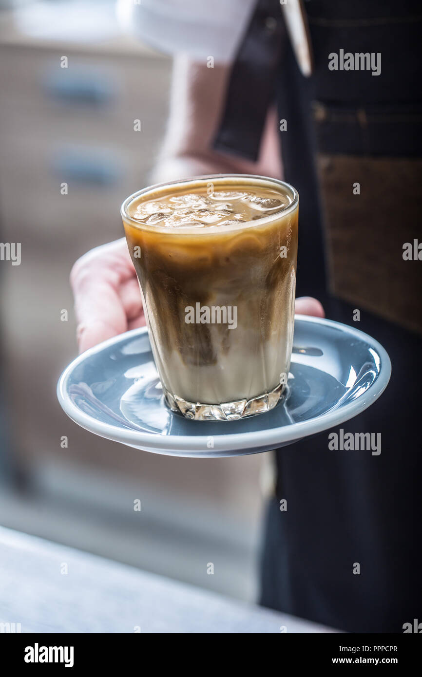 Barista in coffee shop tenendo in mano il bicchiere con ghiaccio caffè. Foto Stock