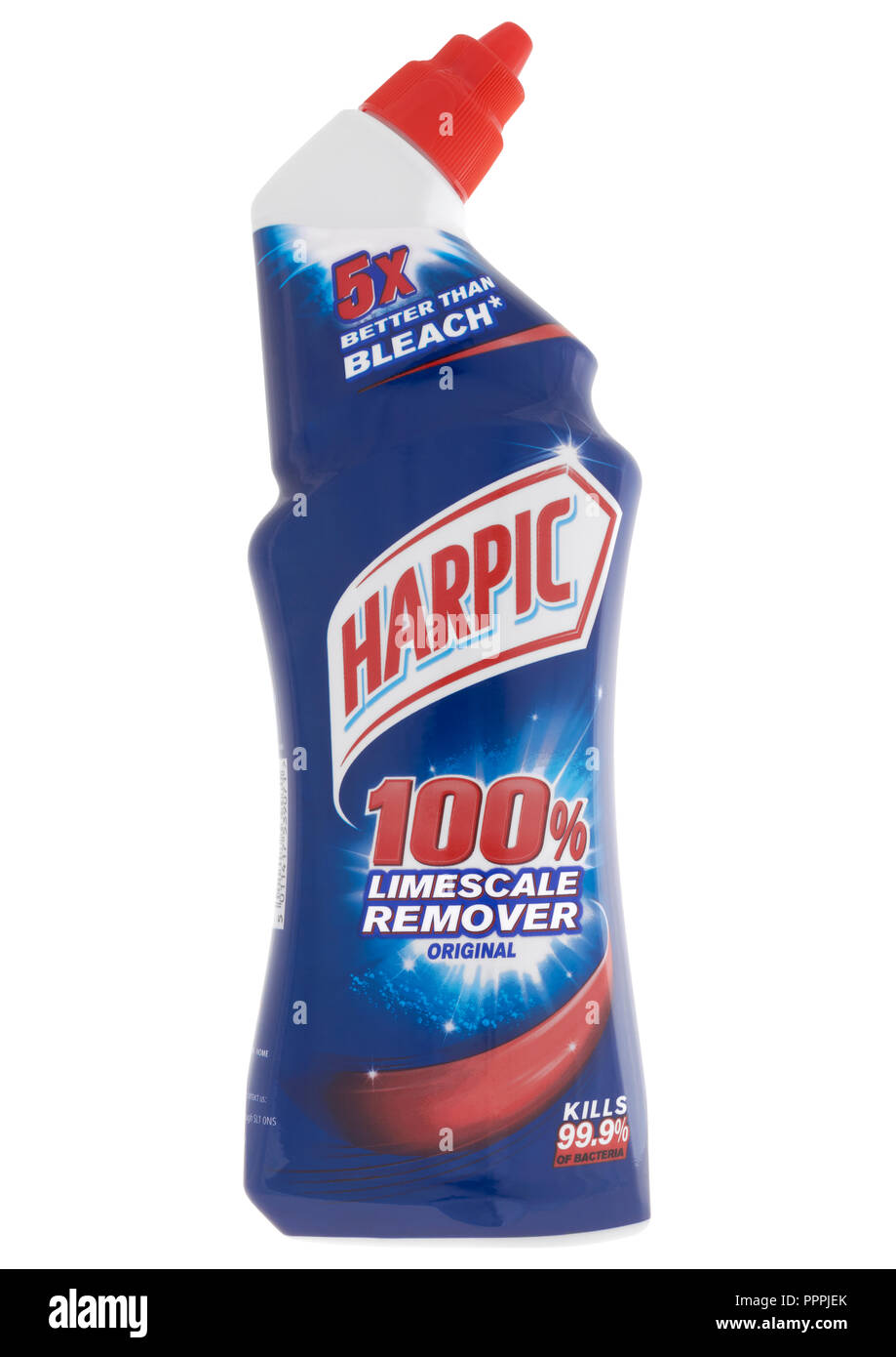 Bottiglia di Harpic per la rimozione del calcare su sfondo bianco Foto Stock